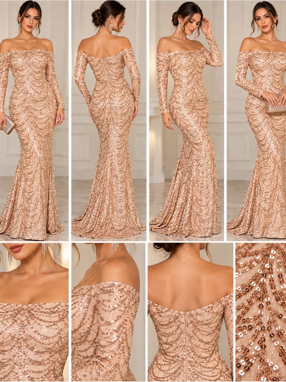 Miss Ord Nude Metallic Sequin Off Shoulder Mermaid Formal Gown NWT S